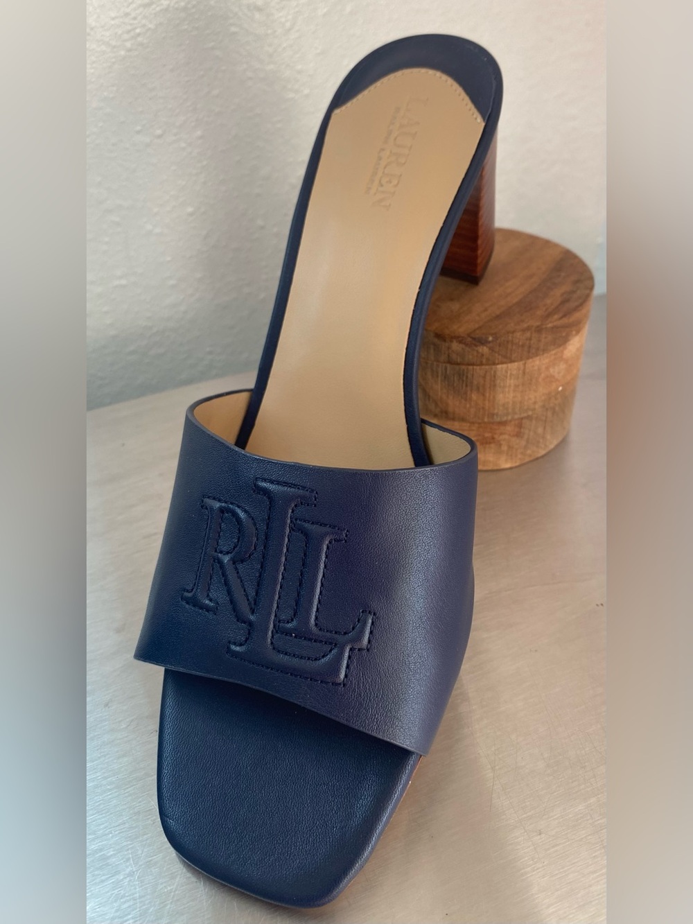 RALPH LAUREN NAVY LEATHER BLOCK HEEL MULES-NEW - Picture 6 of 15